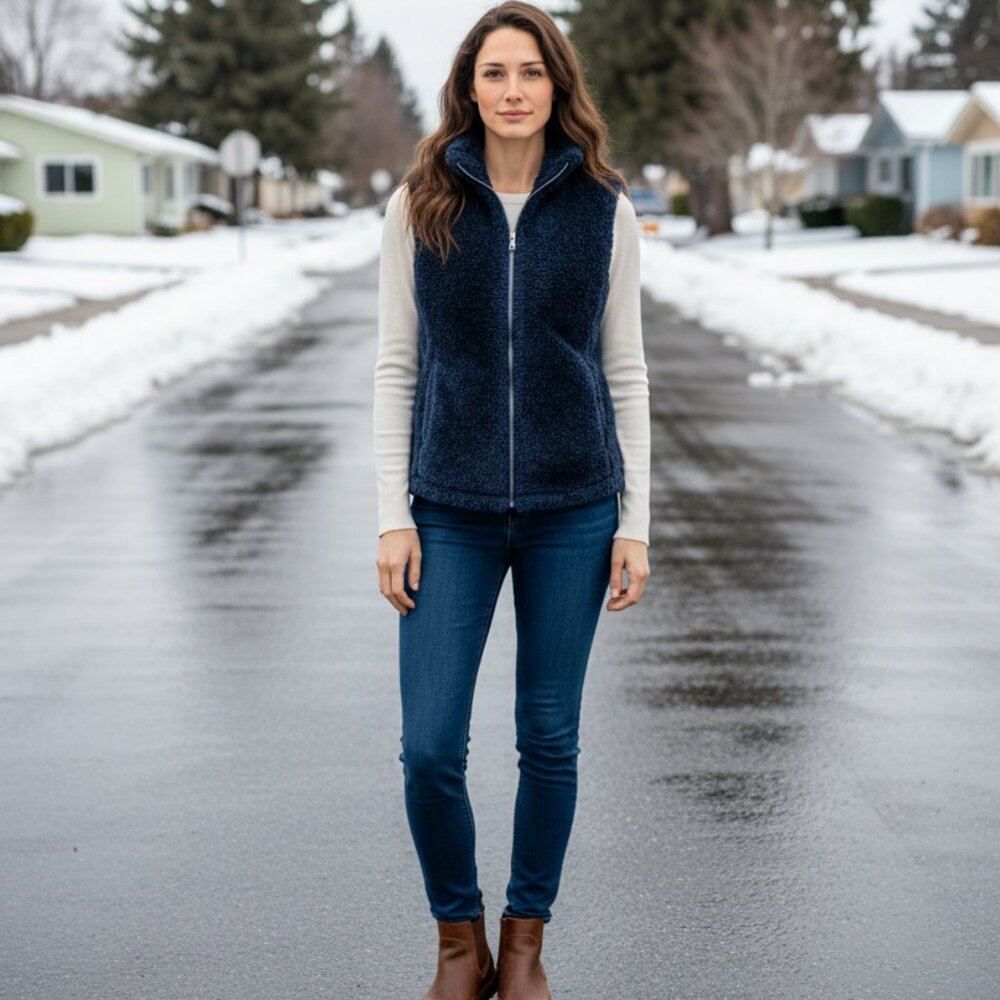 Lomon Fuzzy Navy Blue Comfy Vest with Zippered‎ Front - Size XL